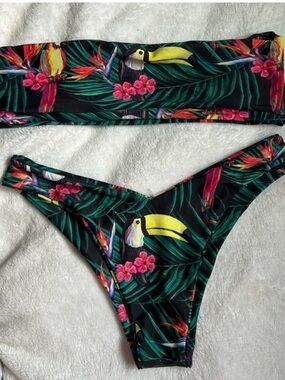 SHEIN | Women’s Size XS | Tropical Toucan Bikini Set: Black, Green, Yellow, Pink